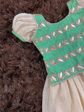 Kids mini teal brocade worked top with gold khadhi tissue skirt