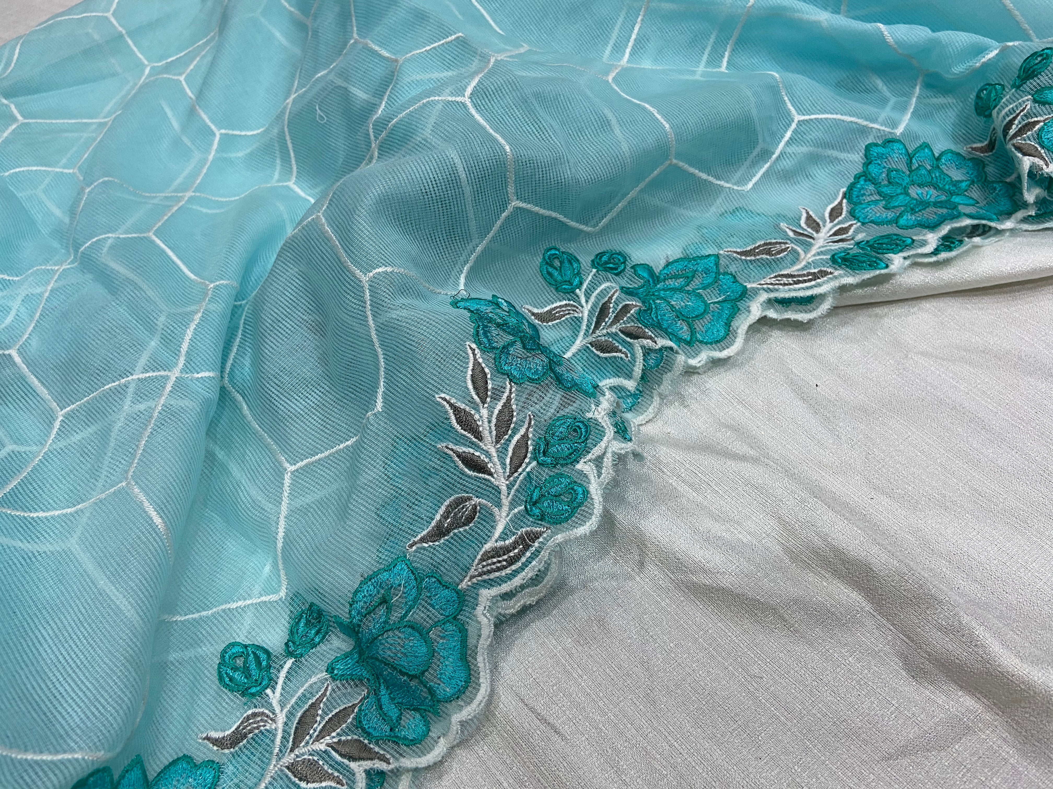Pastel Blue Embroidered Dupatta paired with white top
