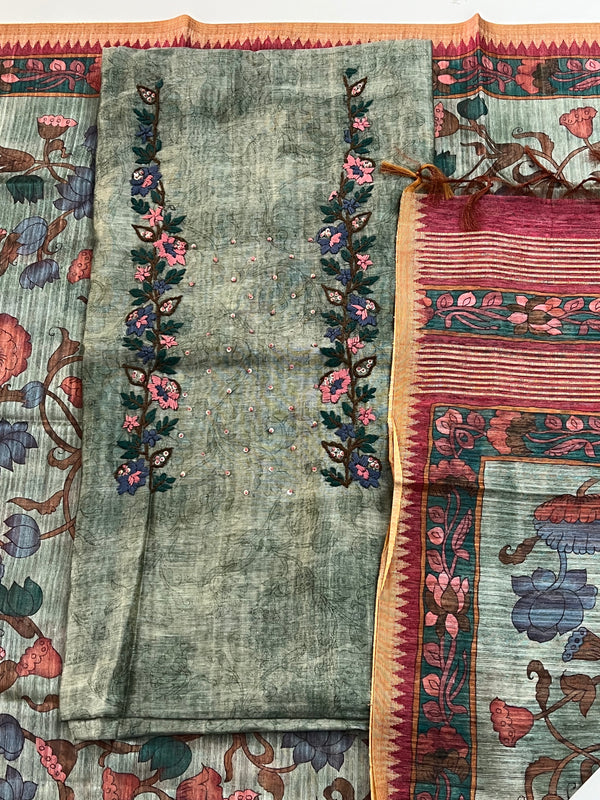 Chanderi Suit #greenwithpink embroidered