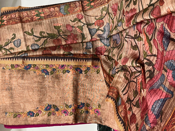 Chanderi Suit orangeblue embroidered