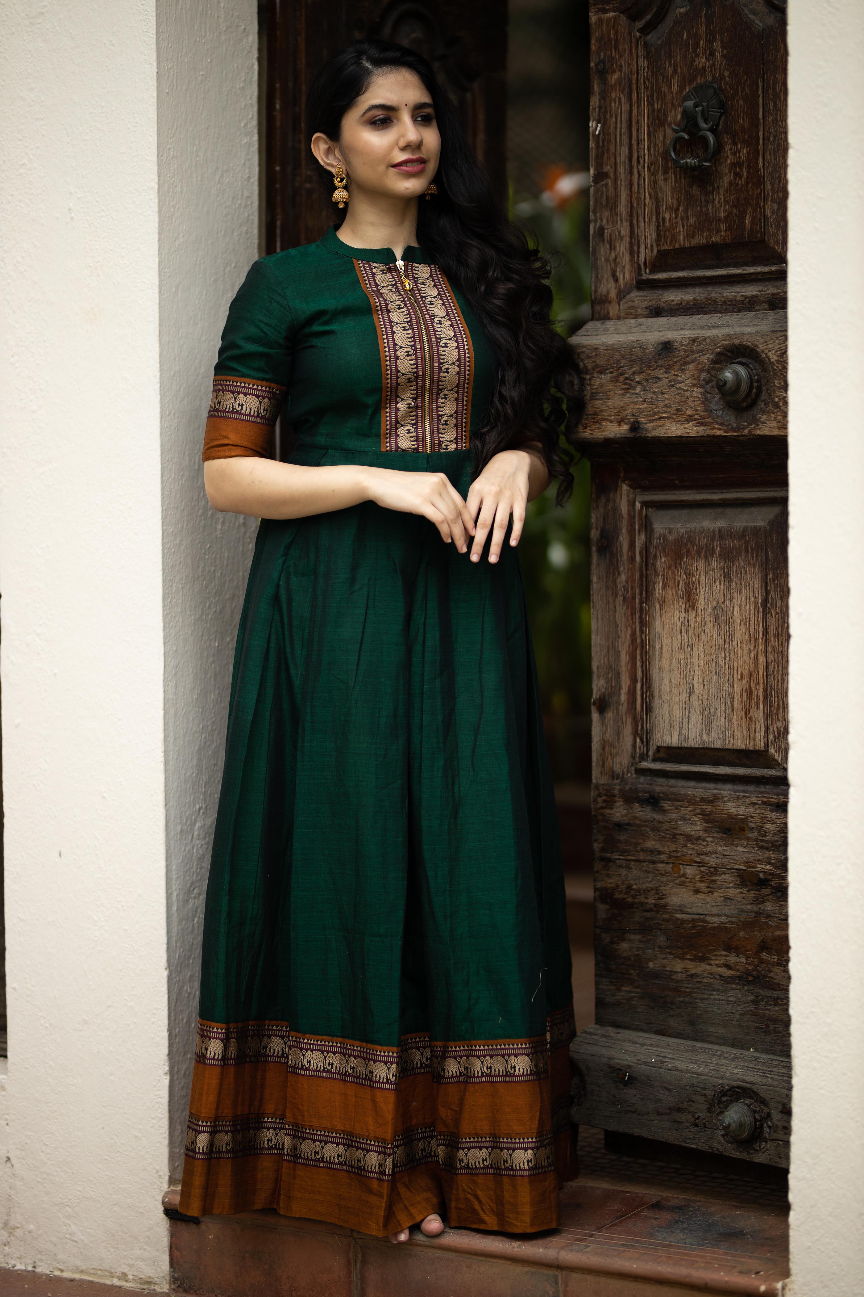Women's Cotton Frocks: Long Dark Green Narayanpet Dress with Sleeves