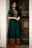 Women's Cotton Frocks: Long Dark Green Narayanpet Dress with Sleeves