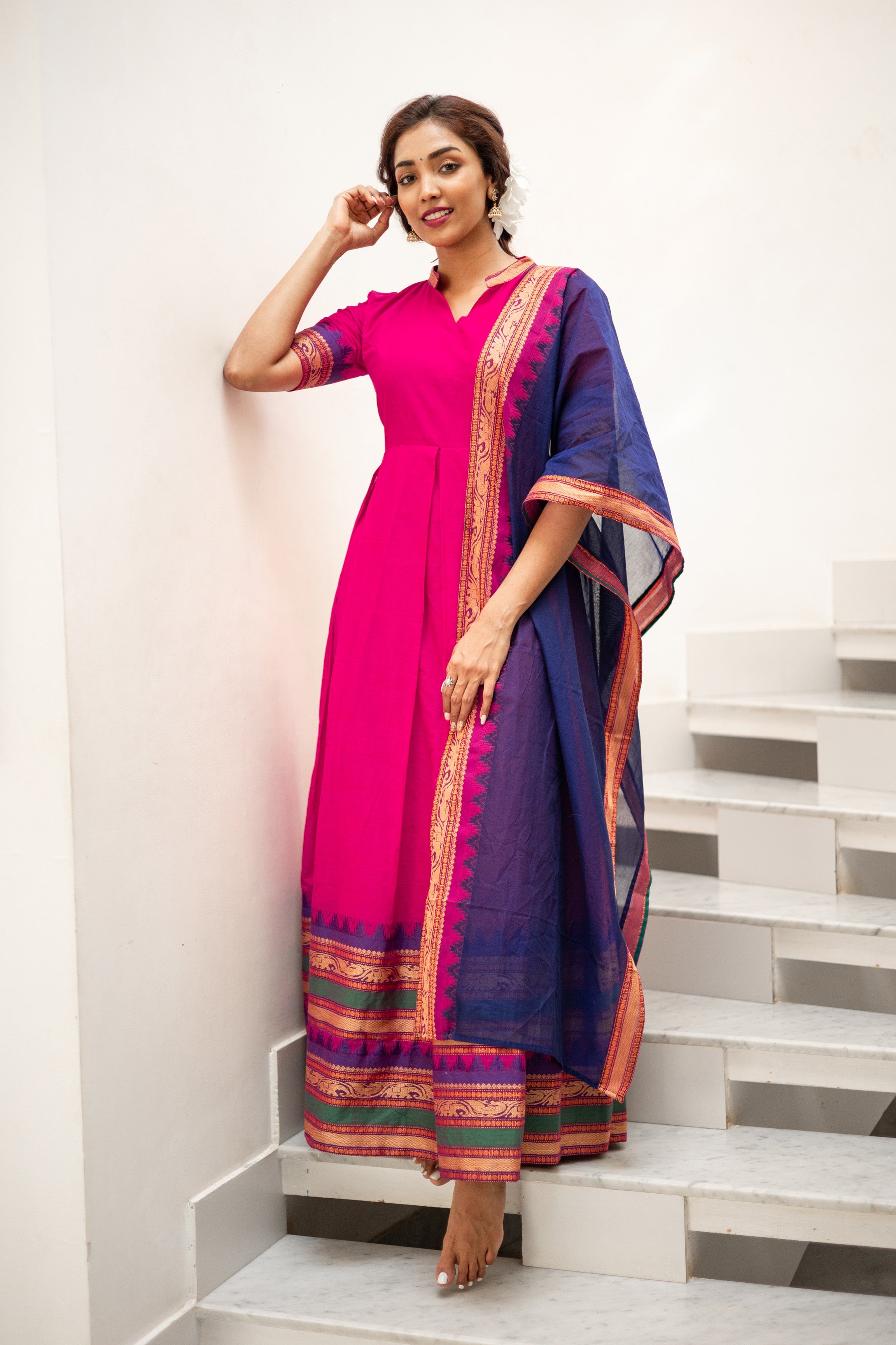 Stand out in this traditional hot pink maxi dress with dupatta. Crafted from pure cotton, this birthday maxi is perfect for a day in the sun. Flared, loose and comfortable, this ladies' party wear dress will keep you stylish all summer long.