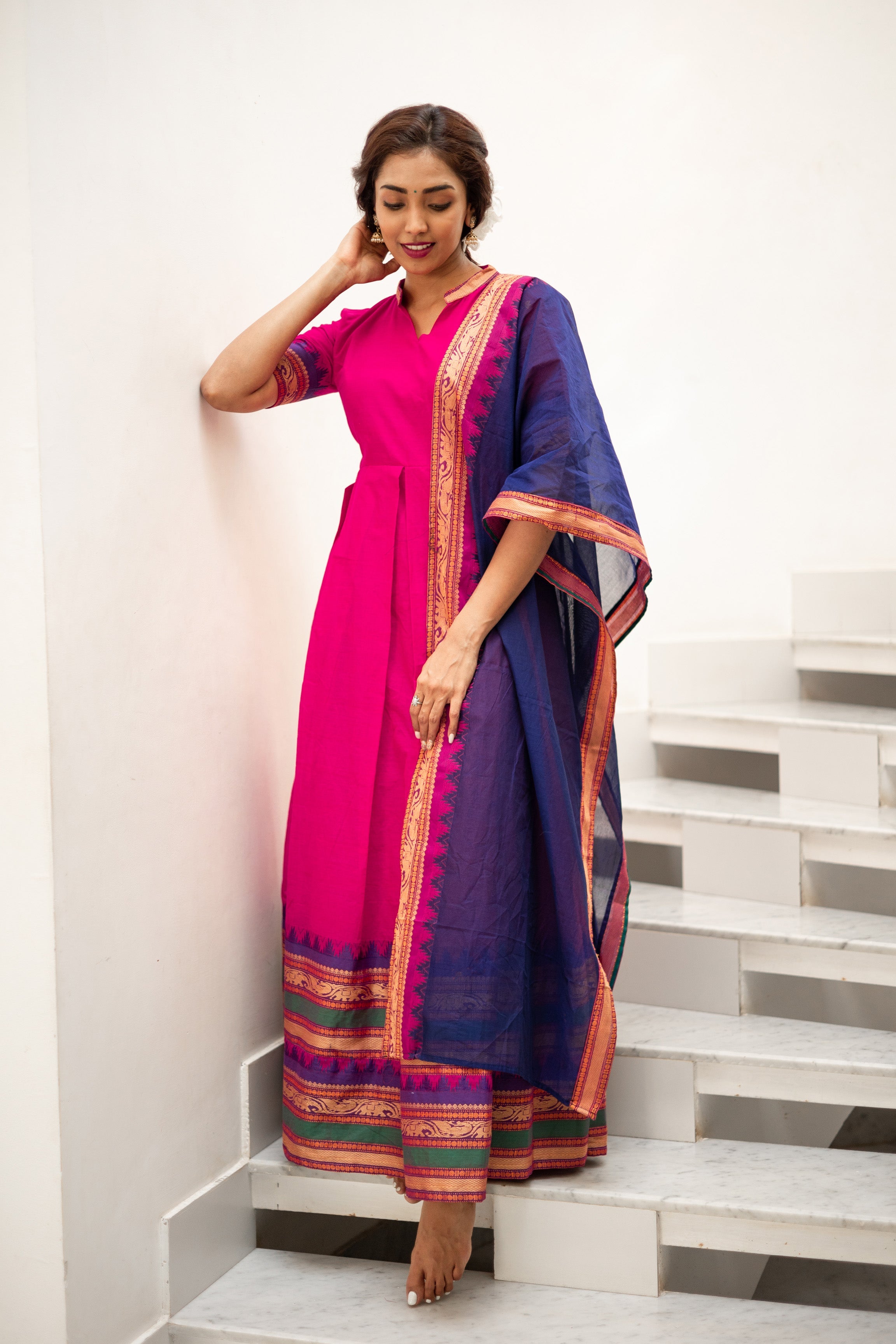 Stand out in style in this traditional hot pink pure cotton maxi dress. Includes dupatta, perfect for any birthday or party. Create the perfect look with this loose and flared maxi dress - perfect for summer.