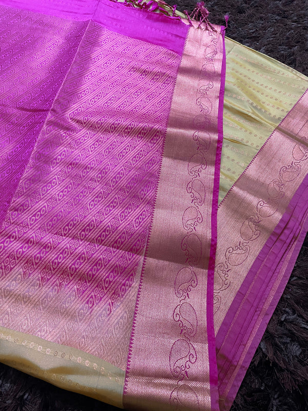 Sarita \ 02\ Light yellow Butti Saree With Rani Pink