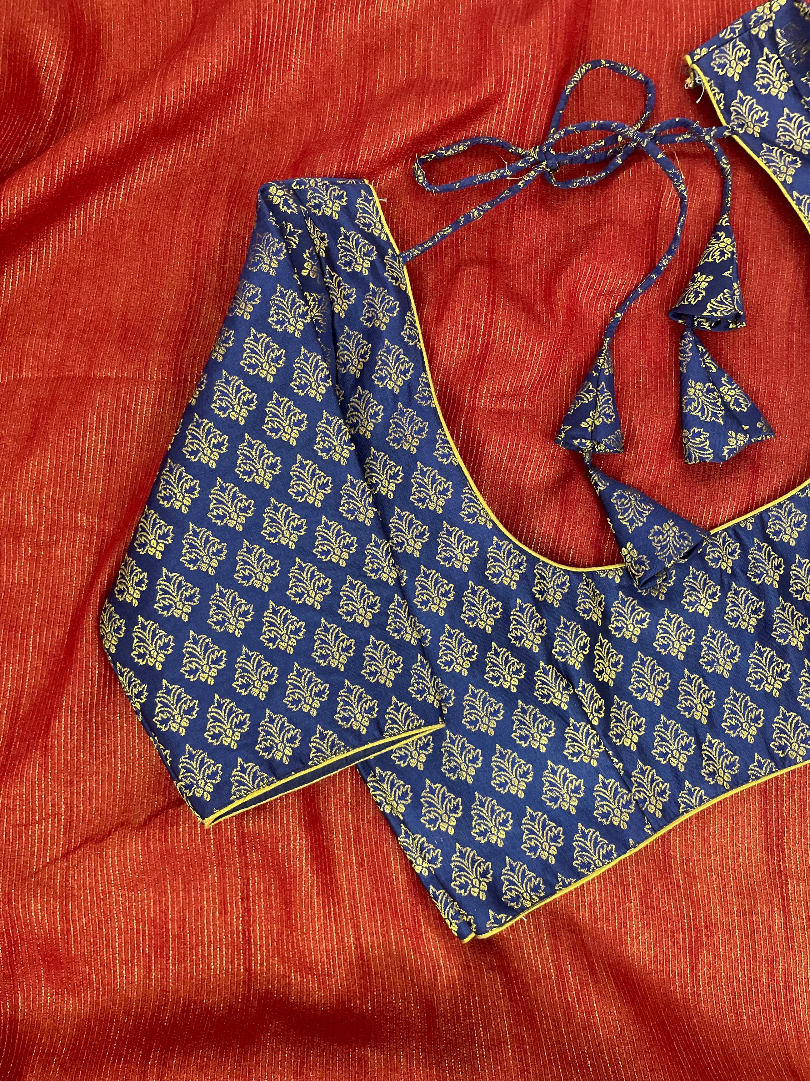 Blue Banaras Blouse with Maroon gold shimmer saree