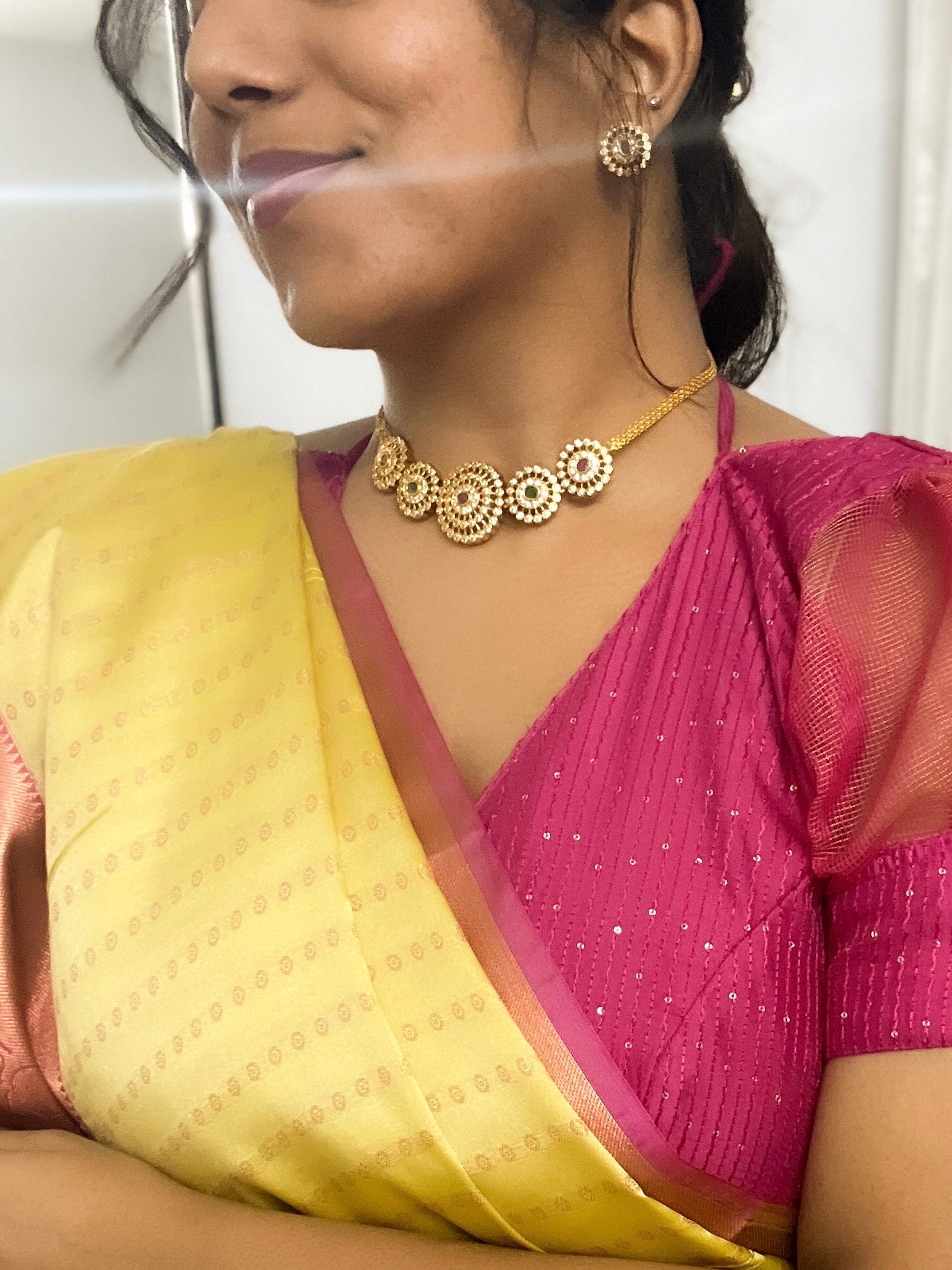 Sarita \ 02\ Light yellow Butti Saree With Rani Pink