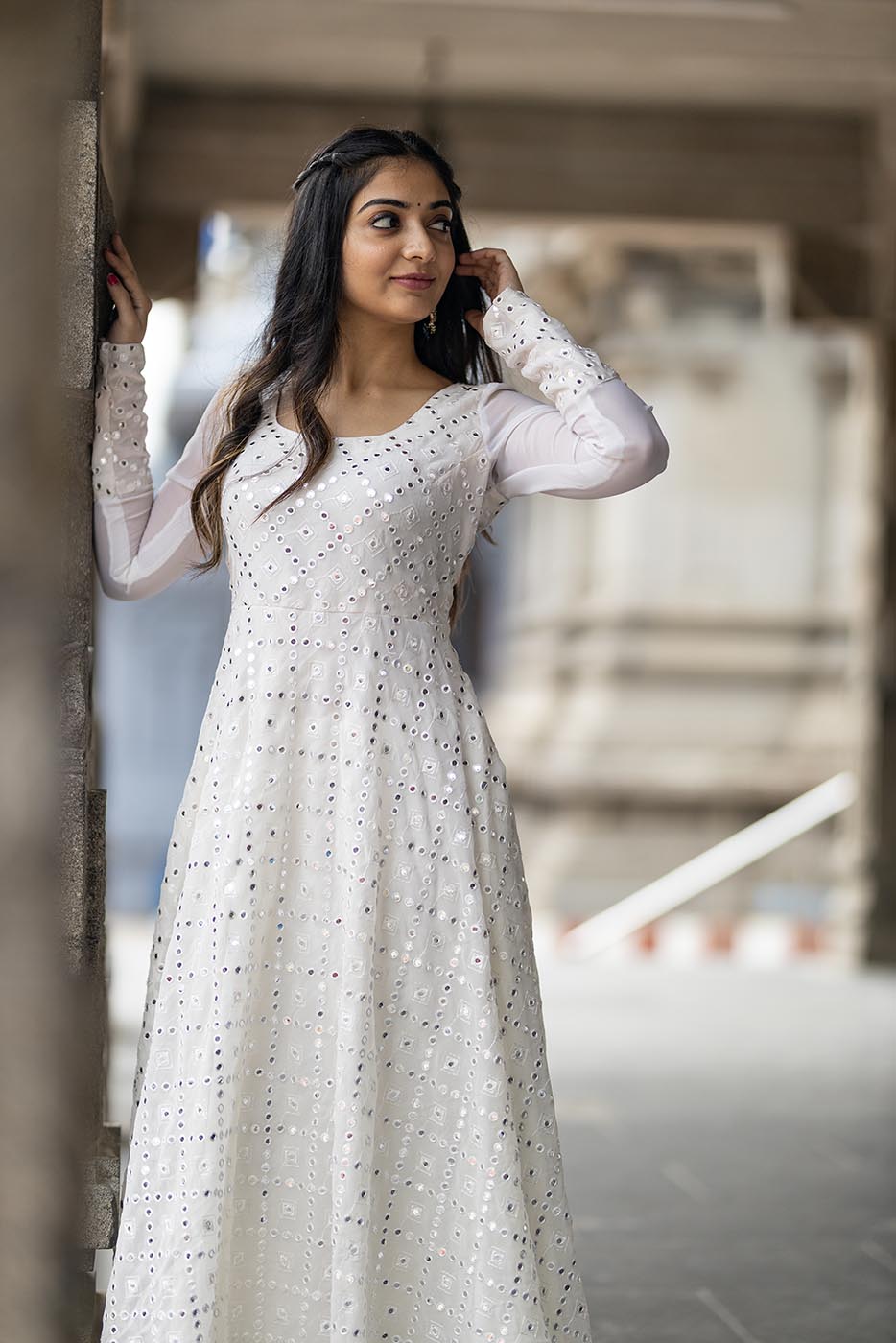 Look Classic in a White Mirror Embroidered Georgette Anarkali Suit