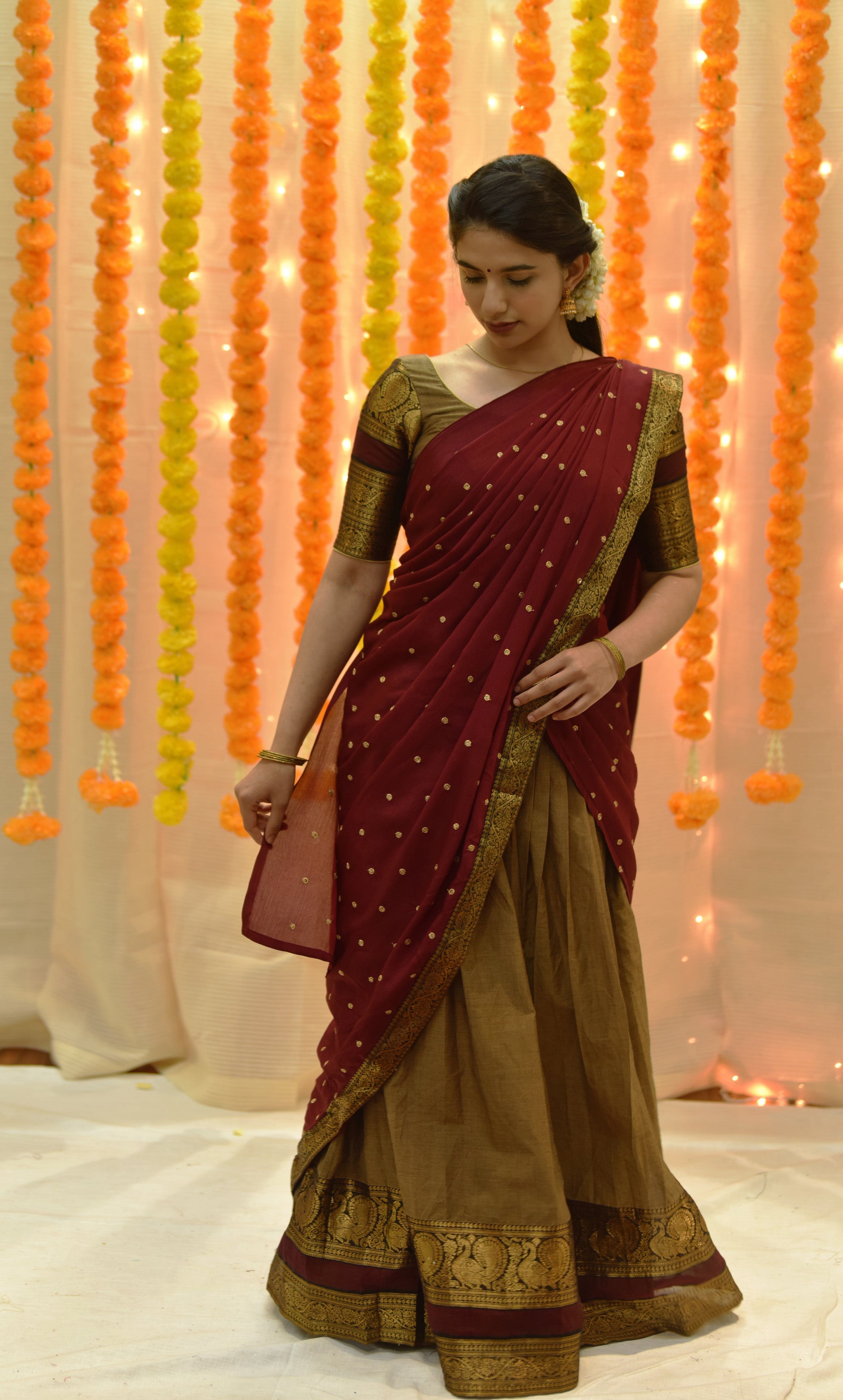 Shop from our extensive collection of traditional half sarees. From casual to party wear, find your perfect saree with us. Shop new model half sarees, fancy half sarees, ready to wear half sarees and more. Find the perfect look for you.