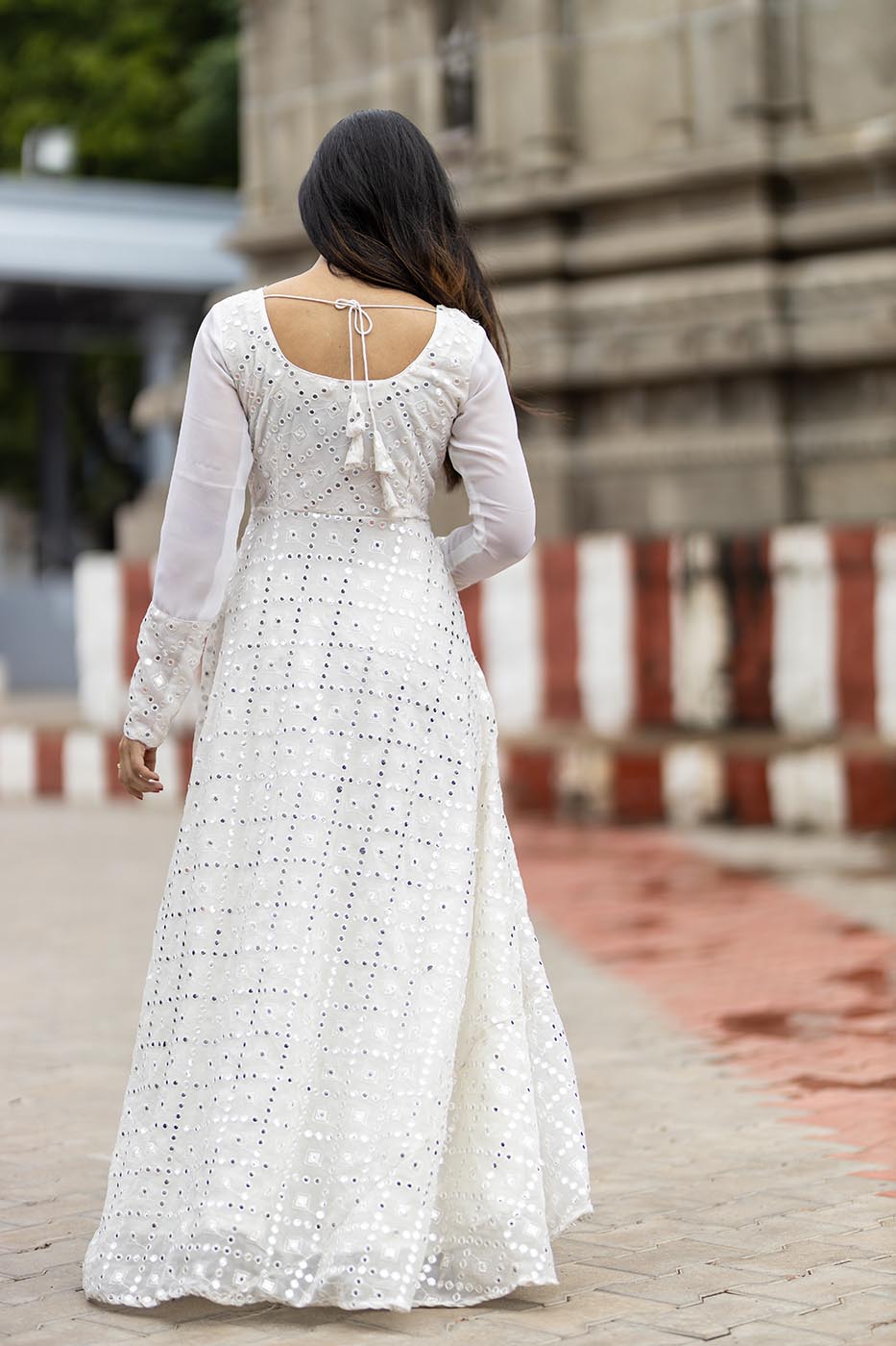 White designer gown for women Maslin Crochet with Rich Digital Print on top  & Chinnon Floral Print with Crush Pleating - Lotus Lehenga Choli